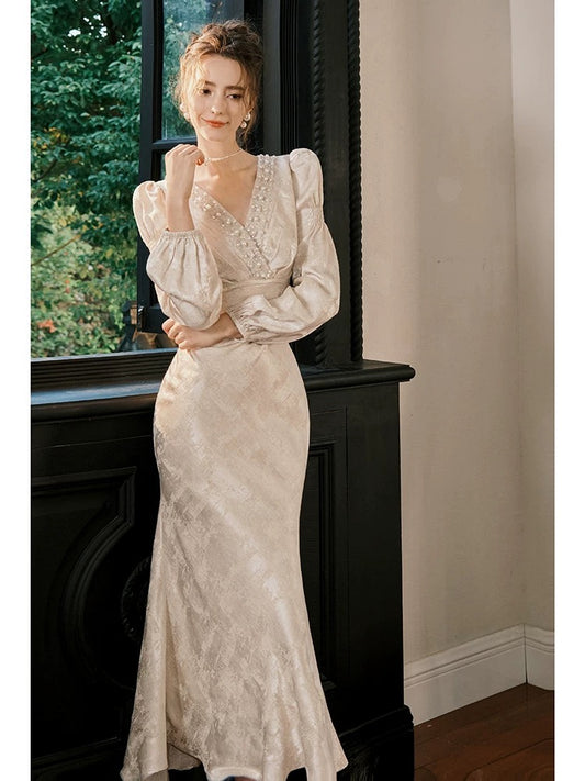 Simple Mermaid V Neck Satin Floor Length Inspiration Wedding Party Prom Guest Dresses N2109