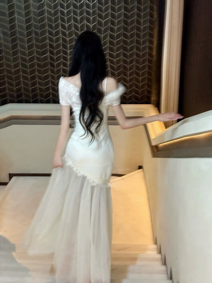 Modest French Style Mermaid White Lace Fashion Women Long Formal Outfits Prom Dresses N2110