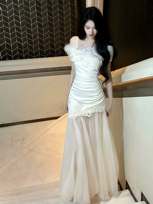 Modest French Style Mermaid White Lace Fashion Women Long Formal Outfits Prom Dresses N2110