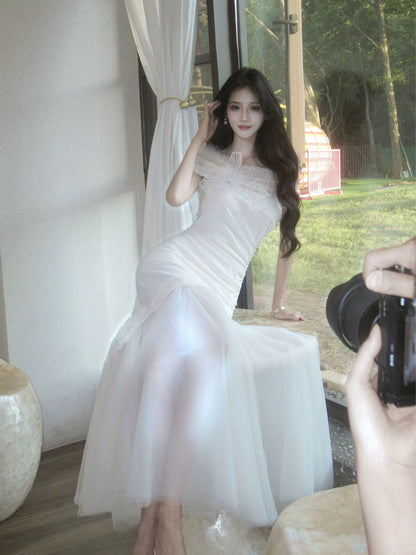 Modest French Style Mermaid White Lace Fashion Women Long Formal Outfits Prom Dresses N2110