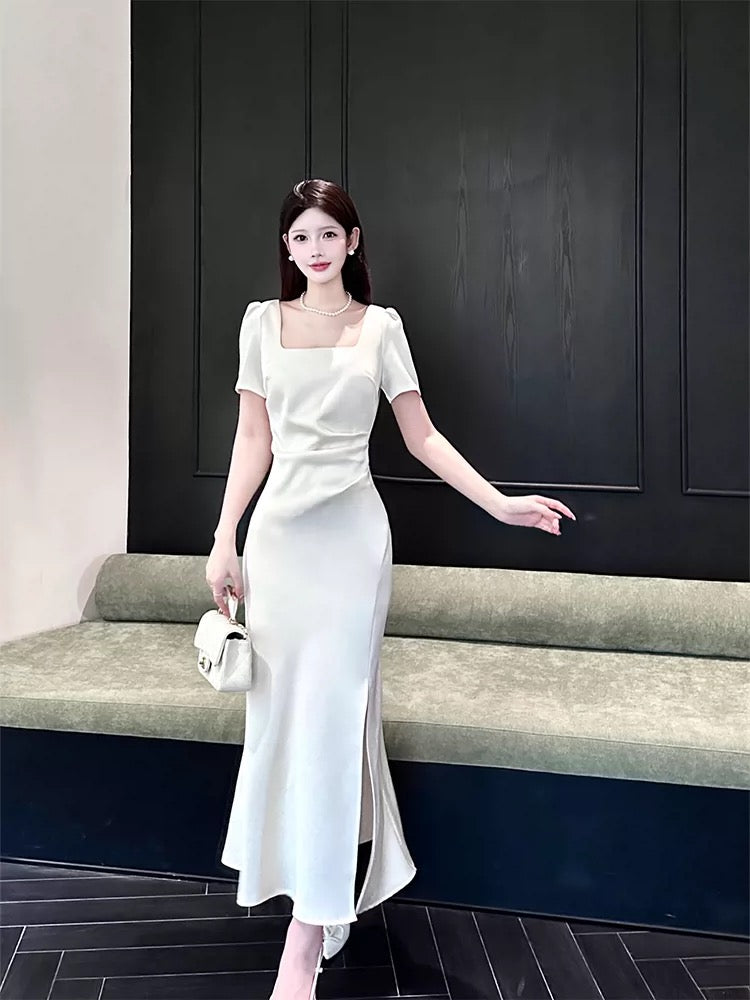 Simple Mermaid Square Neck Satin White Inspiration Slit Wedding Party Guest Dresses N2179