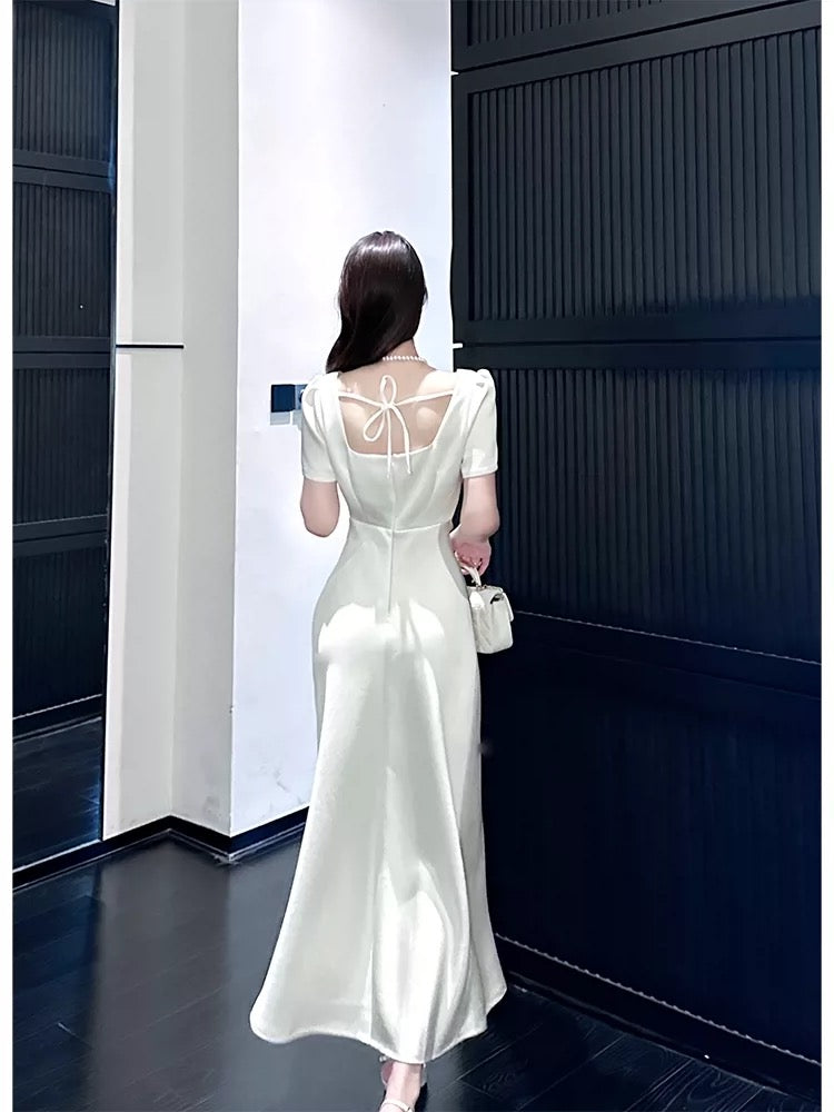 Simple Mermaid Square Neck Satin White Inspiration Slit Wedding Party Guest Dresses N2179