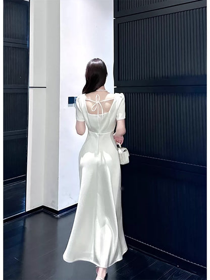 Simple Mermaid Square Neck Satin White Inspiration Slit Wedding Party Guest Dresses N2179
