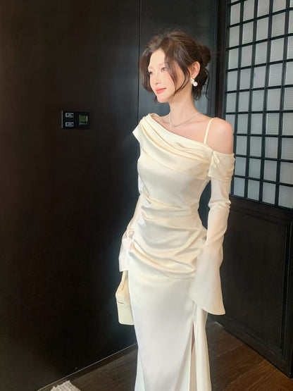 Simple Mermaid Off The Shoulder Long Sleeves Satin White Inspiration Wedding Party Guest Dresses N2181
