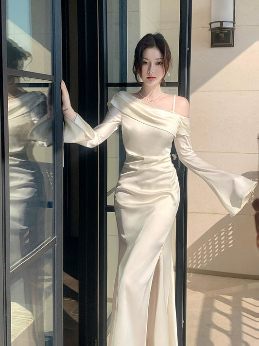 Simple Mermaid Off The Shoulder Long Sleeves Satin White Inspiration Wedding Party Guest Dresses N2181