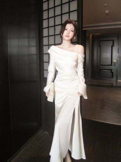 Simple Mermaid Off The Shoulder Long Sleeves Satin White Inspiration Wedding Party Guest Dresses N2181