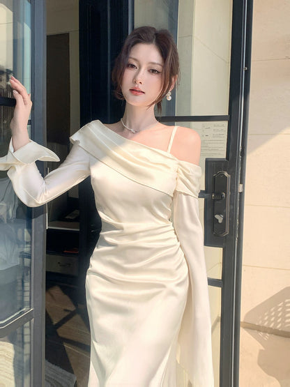 Simple Mermaid Off The Shoulder Long Sleeves Satin White Inspiration Wedding Party Guest Dresses N2181