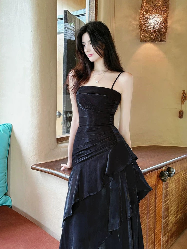 Classy Mermaid Spaghetti Strap Black Ruffles Satin For Women Girls Teens Prom Dresses N2182