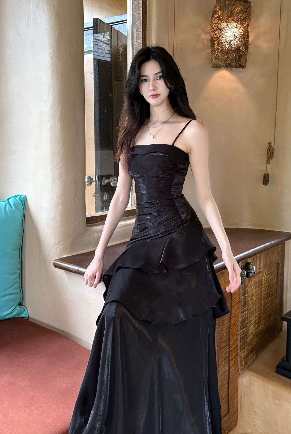 Classy Mermaid Spaghetti Strap Black Ruffles Satin For Women Girls Teens Prom Dresses N2182