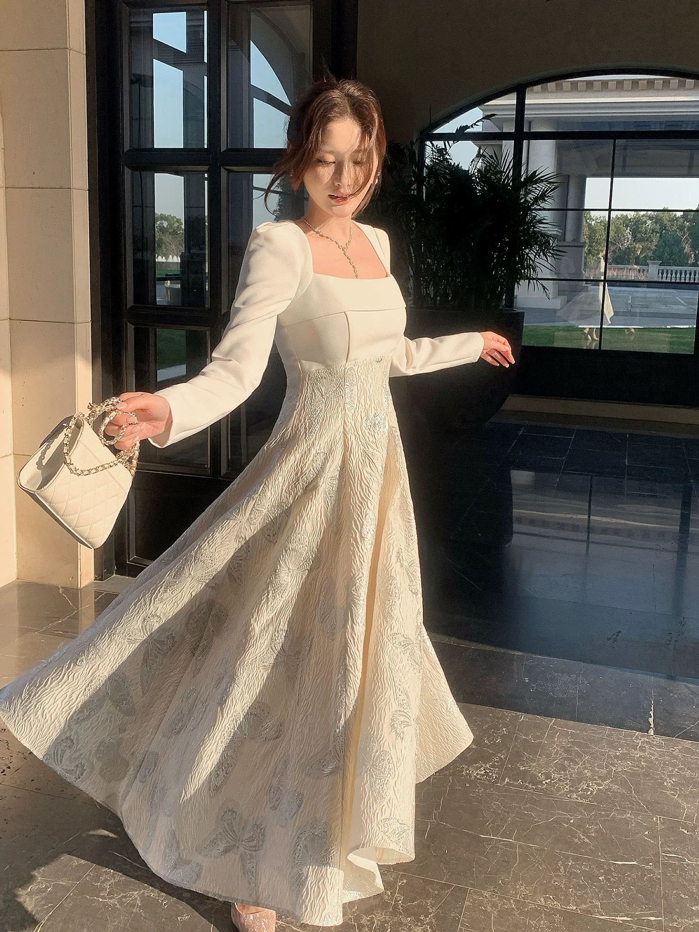 Classy A Line Square Neck White With Long Sleeves Satin For Women Girls Teens Prom Dresses N2185