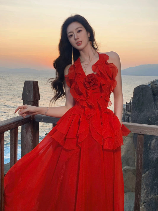 Chic A Line Halter Red Chiffon Inspiration Spring Wedding Party Guest Dresses N2193