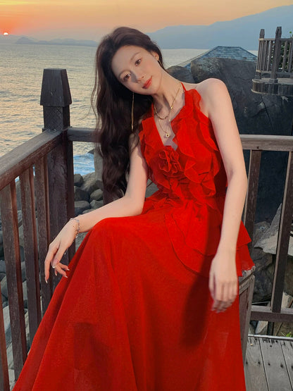 Chic A Line Halter Red Chiffon Inspiration Spring Wedding Party Guest Dresses N2193
