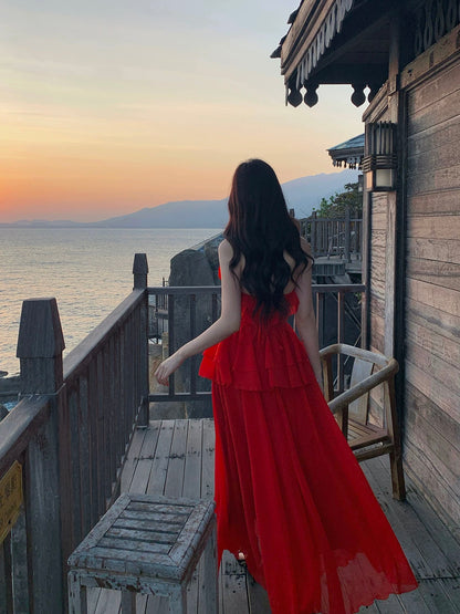 Chic A Line Halter Red Chiffon Inspiration Spring Wedding Party Guest Dresses N2193