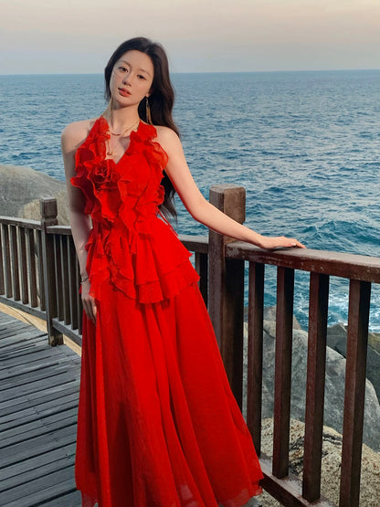 Chic A Line Halter Red Chiffon Inspiration Spring Wedding Party Guest Dresses N2193