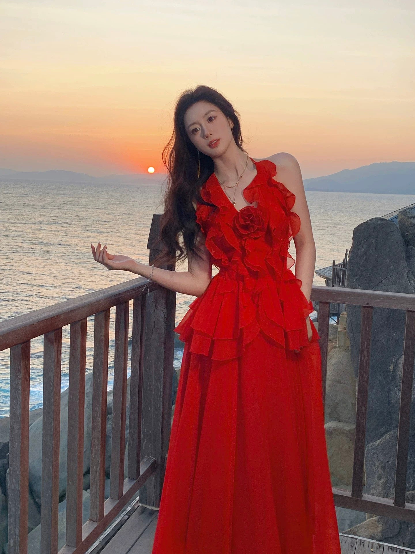 Chic A Line Halter Red Chiffon Inspiration Spring Wedding Party Guest Dresses N2193