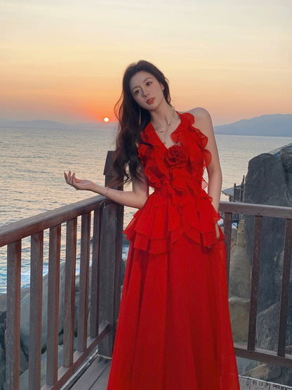 Chic A Line Halter Red Chiffon Inspiration Spring Wedding Party Guest Dresses N2193