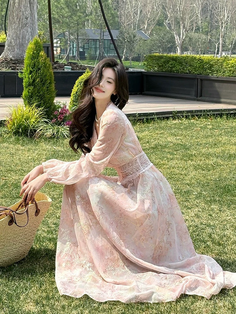 Chic A Line V Neck Pink Chiffon Spring Summer Garden Inspiration Wedding Party Guest Dresses N2196