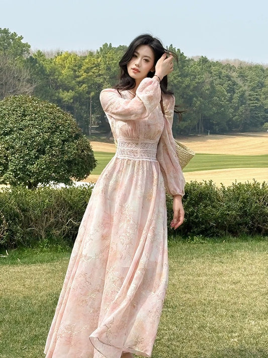 Chic A Line V Neck Pink Chiffon Spring Summer Garden Inspiration Wedding Party Guest Dresses N2196