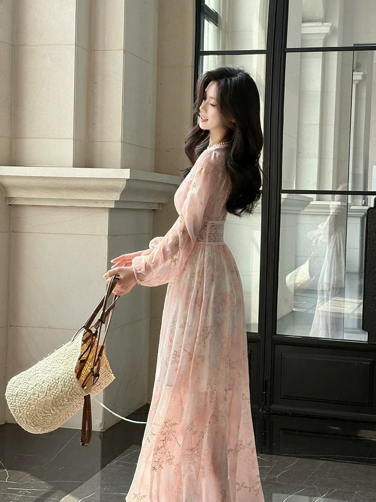 Chic A Line V Neck Pink Chiffon Spring Summer Garden Inspiration Wedding Party Guest Dresses N2196