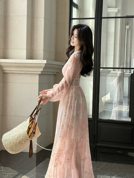 Chic A Line V Neck Pink Chiffon Spring Summer Garden Inspiration Wedding Party Guest Dresses N2196