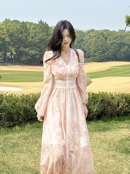 Chic A Line V Neck Pink Chiffon Spring Summer Garden Inspiration Wedding Party Guest Dresses N2196