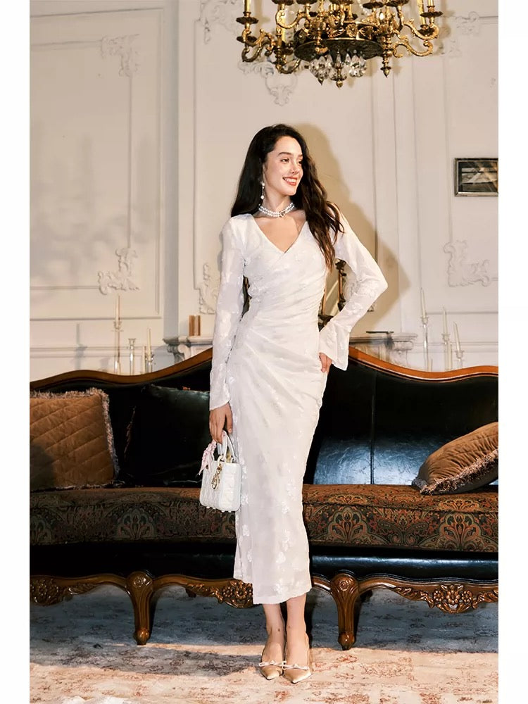 Cute Mermaid V Neck White Velvet Long Sleeves Spring Summer Garden Inspiration Wedding Party Guest Dresses N2198