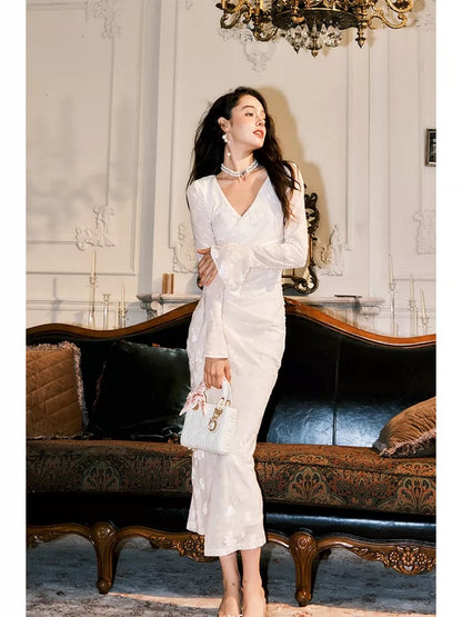 Cute Mermaid V Neck White Velvet Long Sleeves Spring Summer Garden Inspiration Wedding Party Guest Dresses N2198