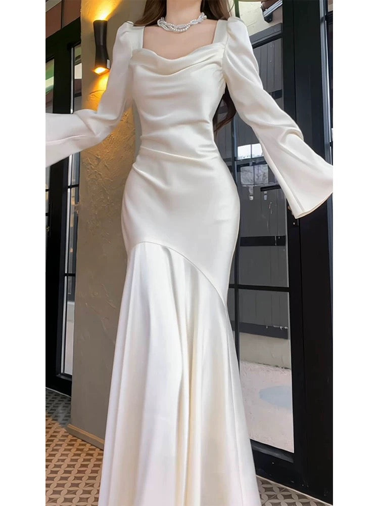 Cute Mermaid Square White Satin Long Sleeves Spring Summer Garden Inspiration Wedding Party Guest Dresses N2199