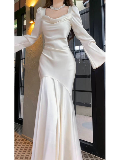 Cute Mermaid Square White Satin Long Sleeves Spring Summer Garden Inspiration Wedding Party Guest Dresses N2199