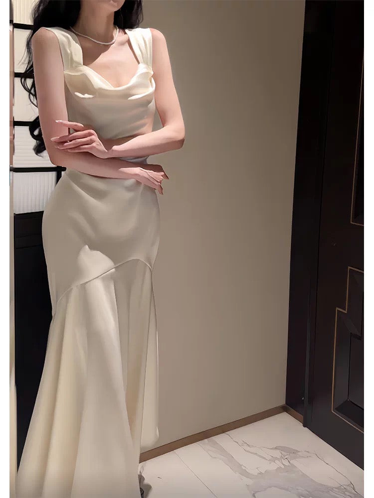 Cute Mermaid Square White Satin Long Sleeves Spring Summer Garden Inspiration Wedding Party Guest Dresses N2199