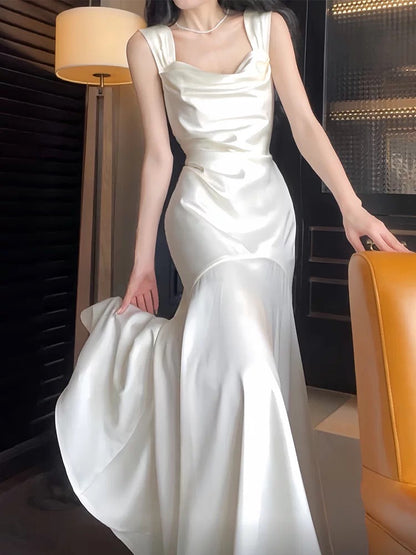Cute Mermaid Square White Satin Long Sleeves Spring Summer Garden Inspiration Wedding Party Guest Dresses N2199