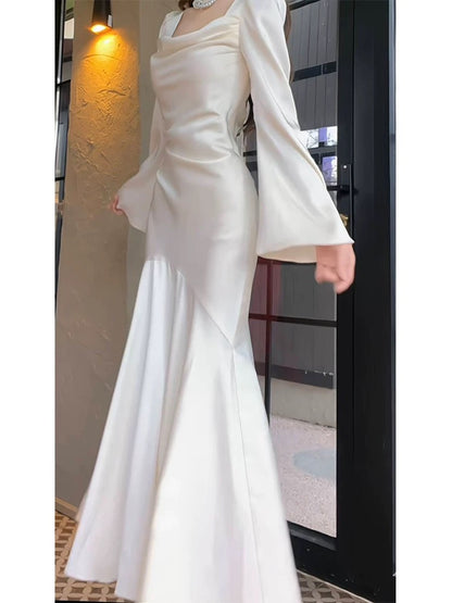 Cute Mermaid Square White Satin Long Sleeves Spring Summer Garden Inspiration Wedding Party Guest Dresses N2199