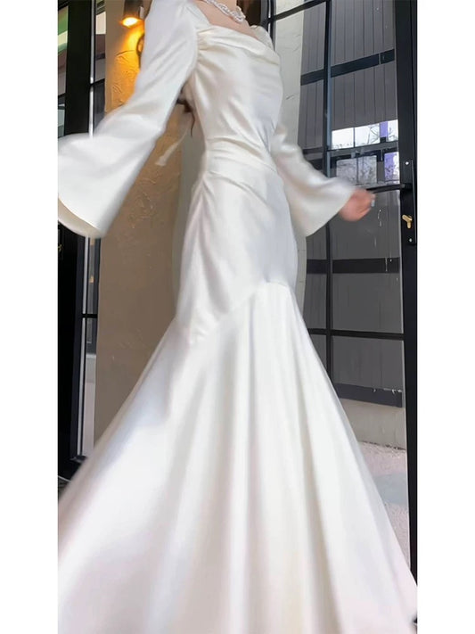 Cute Mermaid Square White Satin Long Sleeves Spring Summer Garden Inspiration Wedding Party Guest Dresses N2199