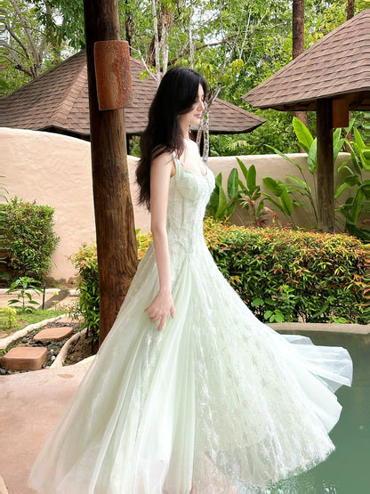 Beautiful A Line Spaghetti Strap Sage Green Lace Long For Women Girls Teens Prom Dresses N2200