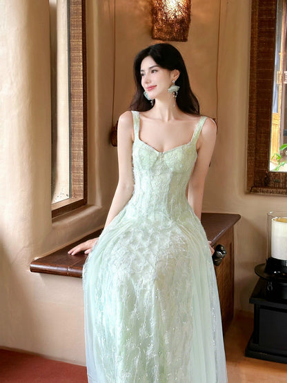 Beautiful A Line Spaghetti Strap Sage Green Lace Long For Women Girls Teens Prom Dresses N2200