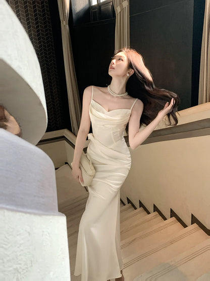 Cute Mermaid Spaghetti Straps Ivory Satin Long Beach Spring Summer Garden Inspiration Wedding Party Guest Dresses N2201