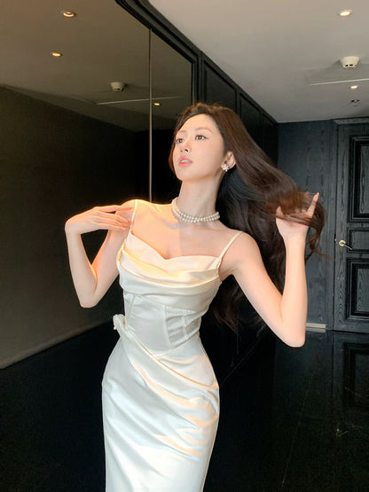 Cute Mermaid Spaghetti Straps Ivory Satin Long Beach Spring Summer Garden Inspiration Wedding Party Guest Dresses N2201