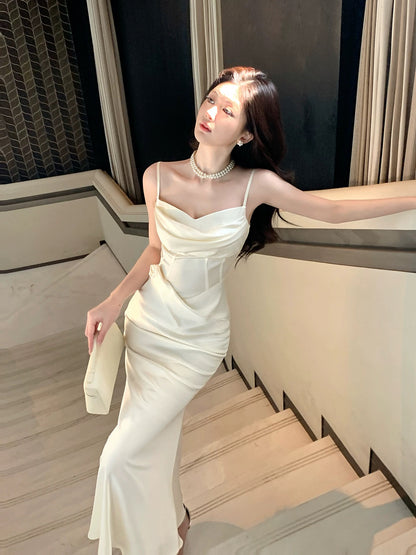 Cute Mermaid Spaghetti Straps Ivory Satin Long Beach Spring Summer Garden Inspiration Wedding Party Guest Dresses N2201
