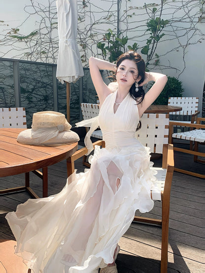 Beautiful A Line Halter White Ruffles Long For Women Girls Teens Prom Dresses N2202