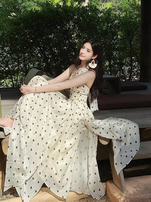 Beautiful A Line Halter Black Polka Dots Summer Formal Long For Women Girls Teens Prom Dresses N2203