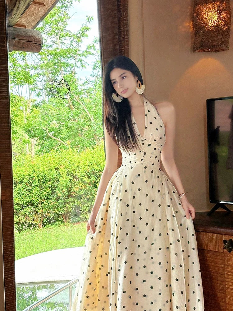 Beautiful A Line Halter Black Polka Dots Summer Formal Long For Women Girls Teens Prom Dresses N2203