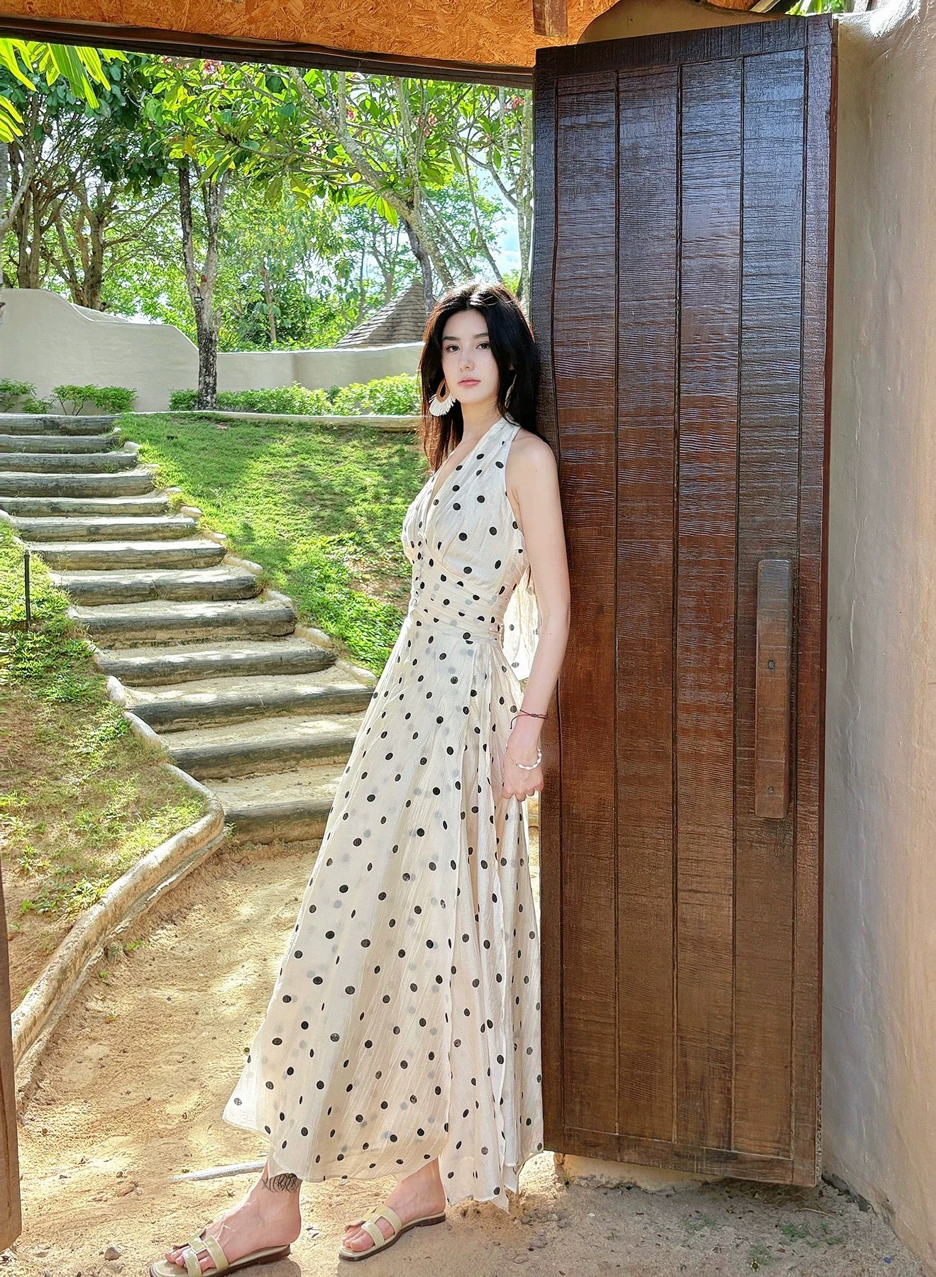 Beautiful A Line Halter Black Polka Dots Summer Formal Long For Women Girls Teens Prom Dresses N2203