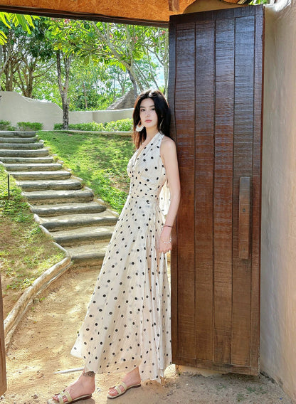Beautiful A Line Halter Black Polka Dots Summer Formal Long For Women Girls Teens Prom Dresses N2203