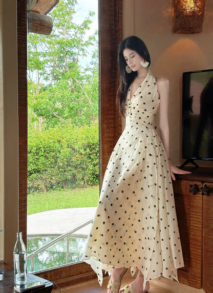 French Style A Line Halter Black Polka Dots Summer Formal Long For Women Girls Teens Prom Dresses N2204
