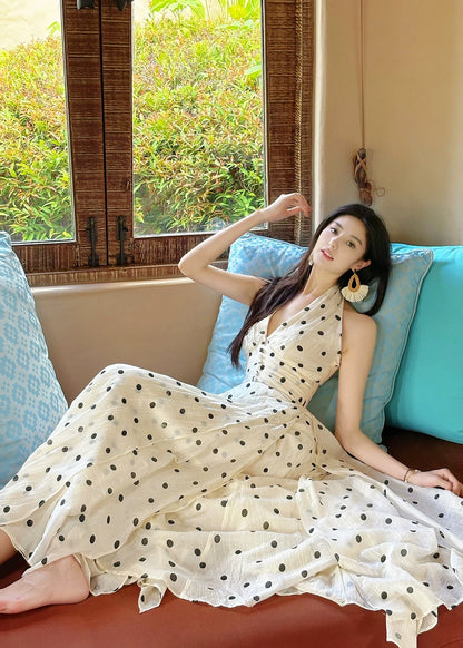 French Style A Line Halter Black Polka Dots Summer Formal Long For Women Girls Teens Prom Dresses N2204