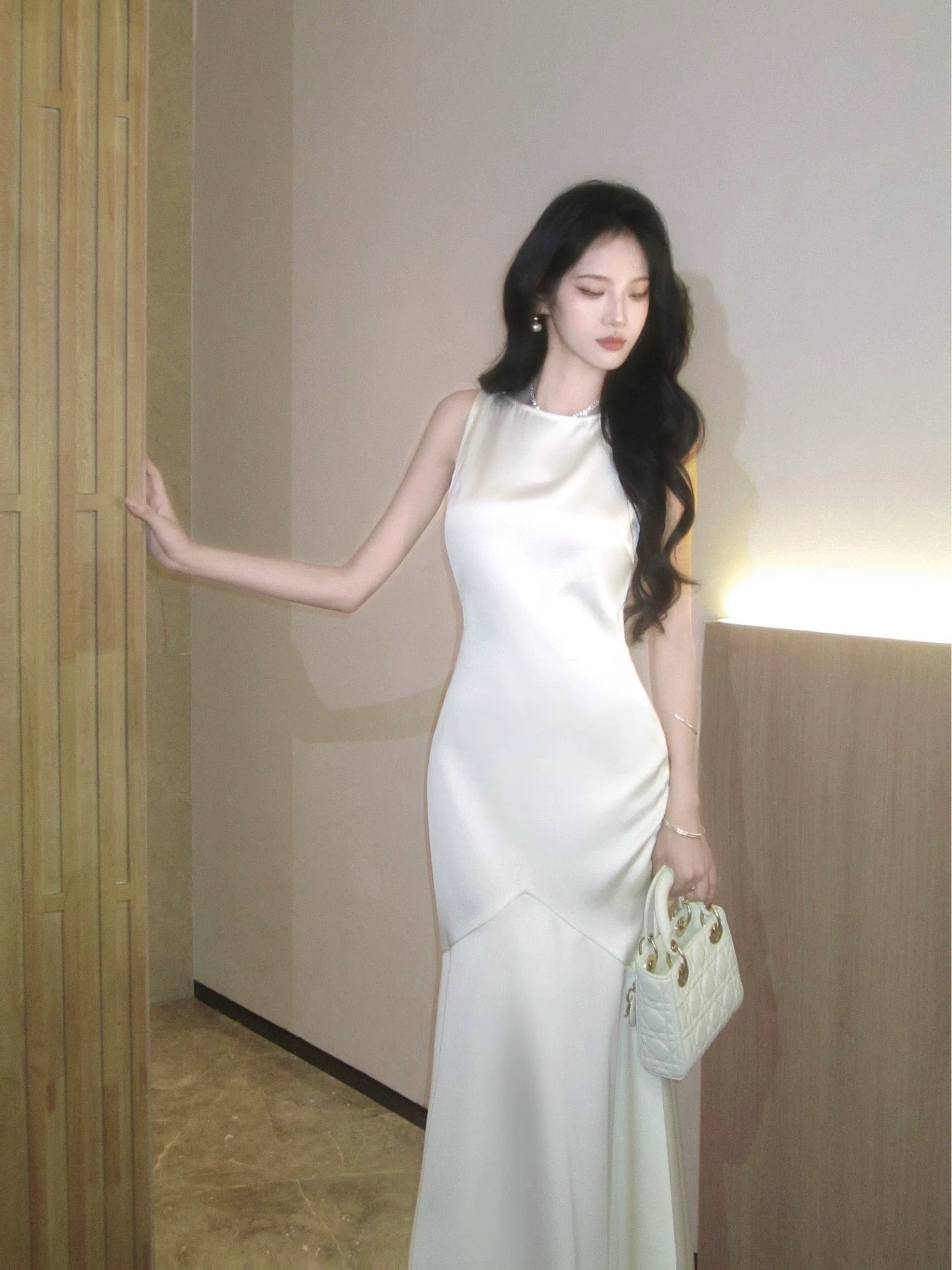 Simple Mermaid Scoop Ivory Long Beach Spring Summer Garden Inspiration Wedding Party Guest Dresses N2210