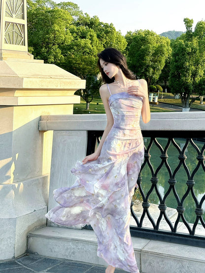 Classy Mermaid Spaghetti Strap Lilac Floral Chiffon Long For Women Girls Teens Prom Dresses N2212