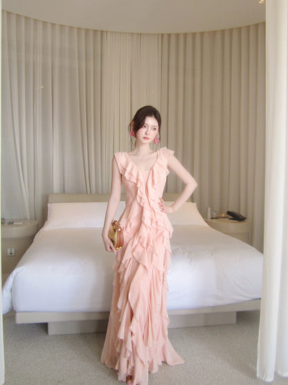 Simple Mermaid V Neck Pink Chiffon Summer Formal For Women Girls Teens Prom Dresses N2214