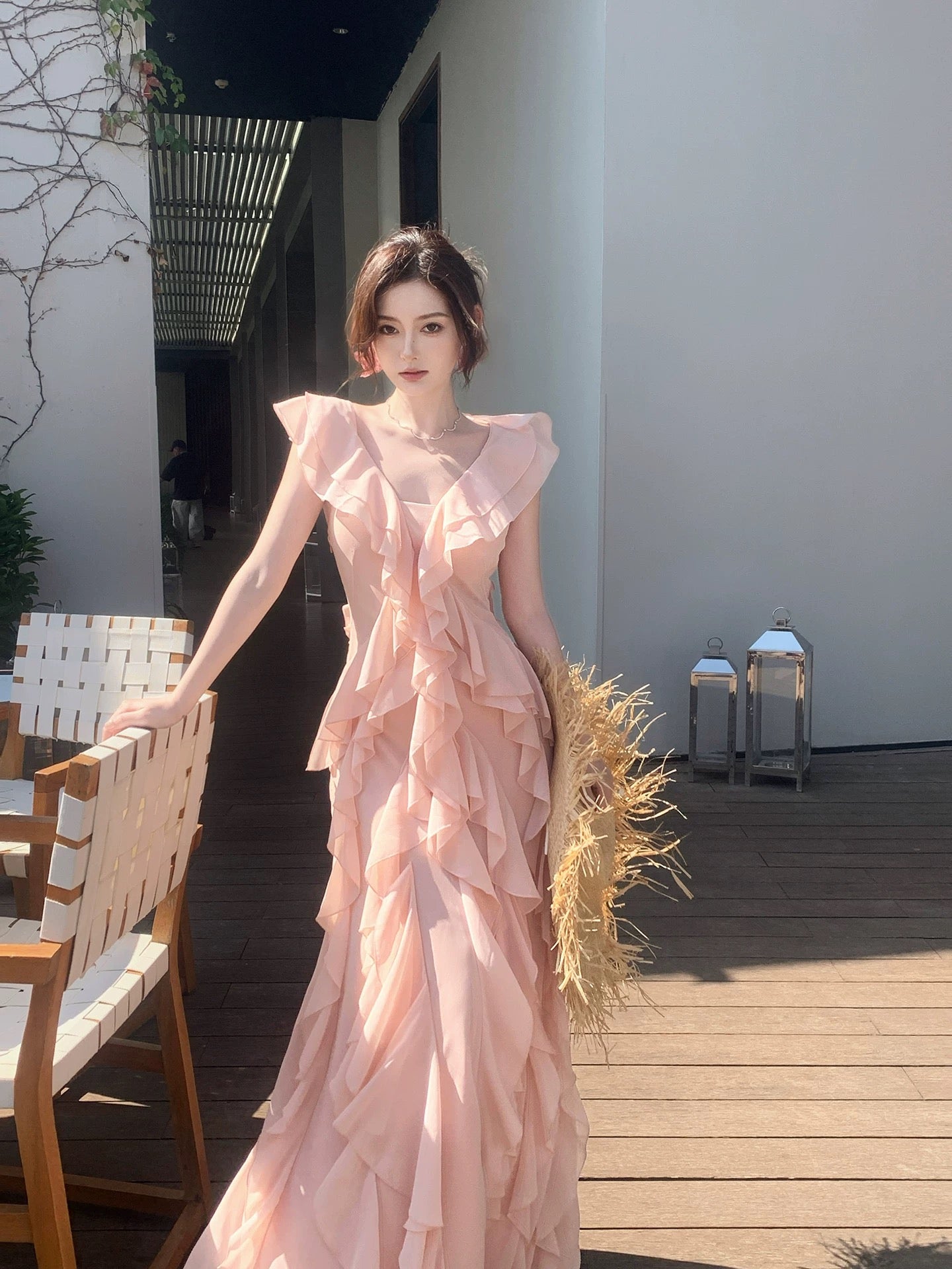 Simple Mermaid V Neck Pink Chiffon Summer Formal For Women Girls Teens Prom Dresses N2214