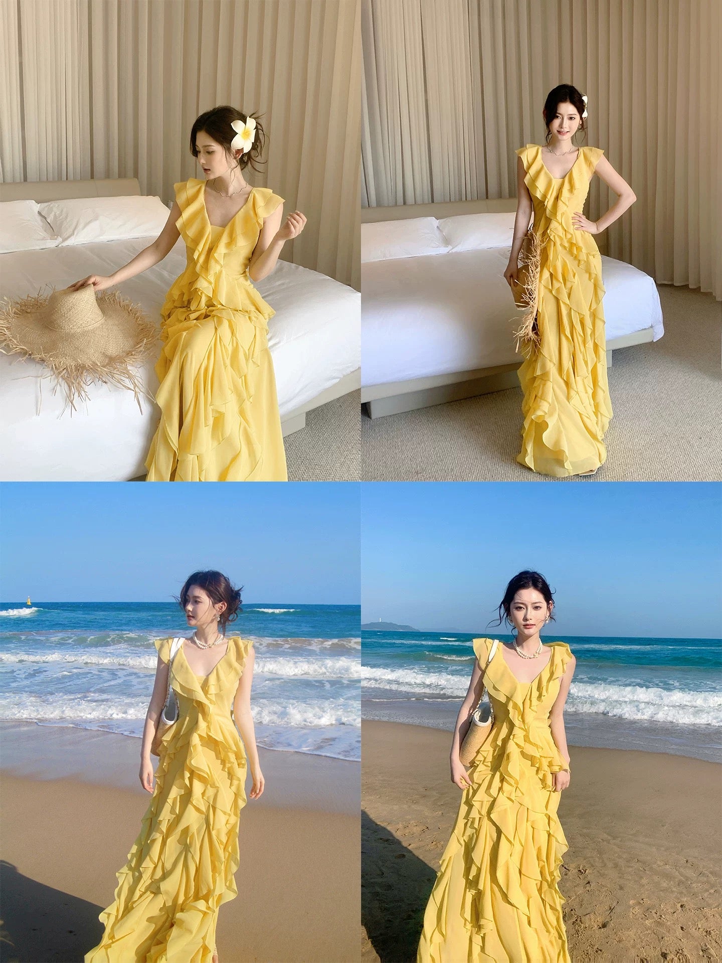 Simple Mermaid V Neck Yellow Chiffon Summer Formal For Women Girls Teens Prom Dresses N2216